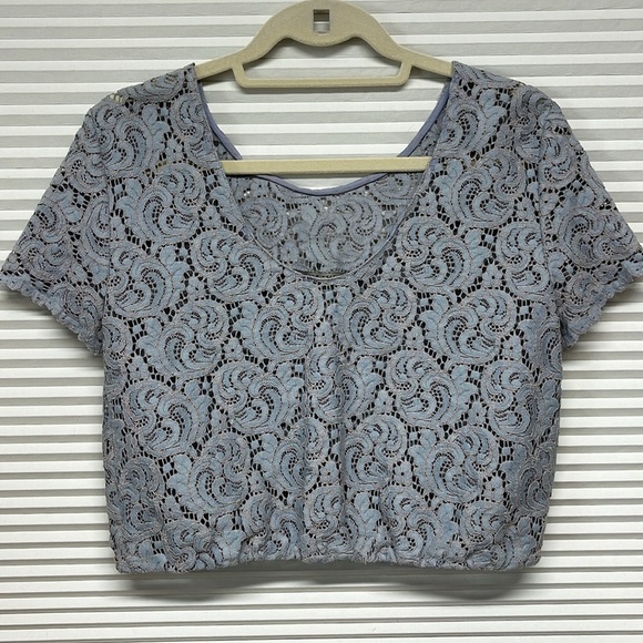 Zara Basic Light Blue Floral Lace Short Sleeve Cropped Top Size Small - Picture 3 of 5